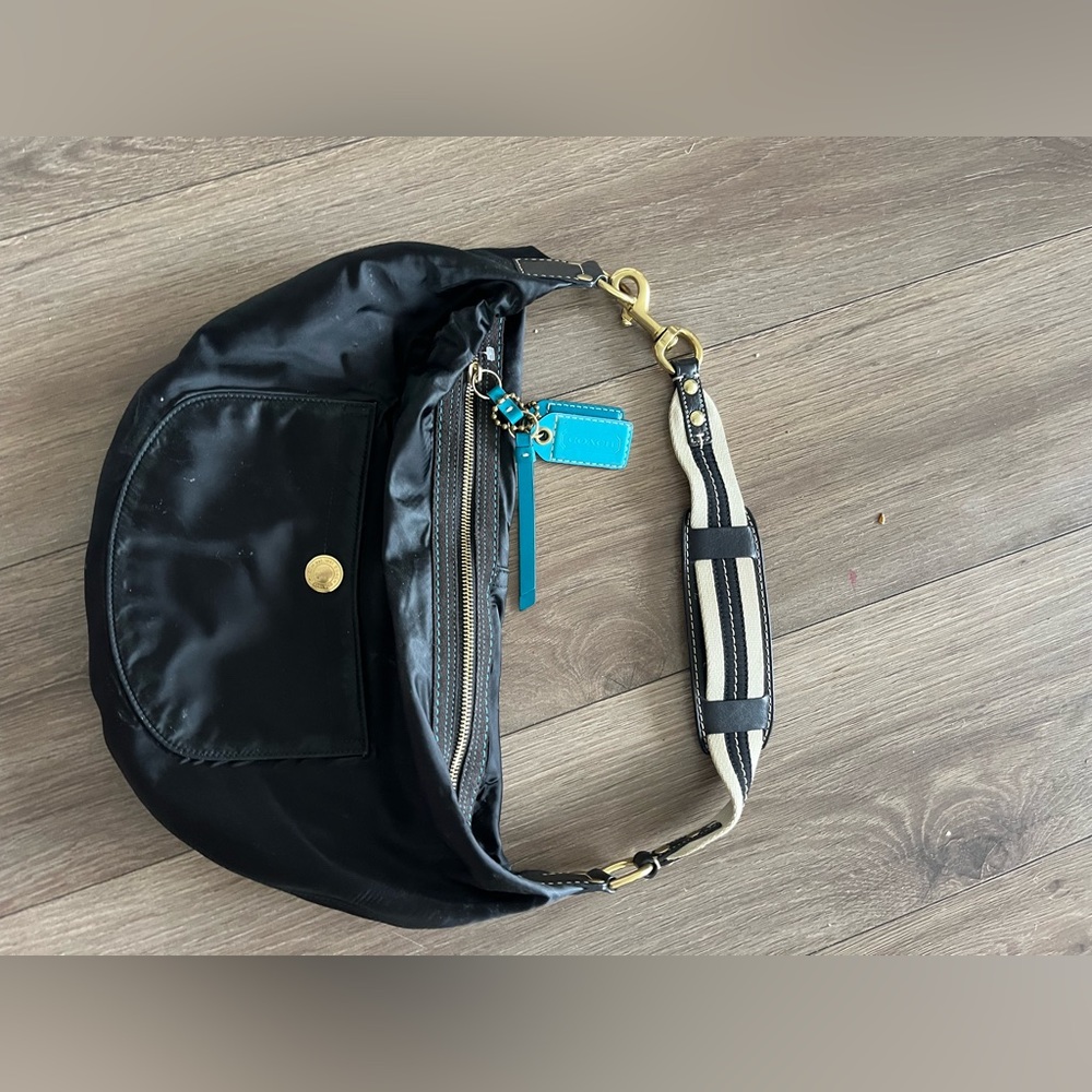 Coach Hampton Black Hobo Shoulder Bag Nylon Teal Stitching With Teal Lining